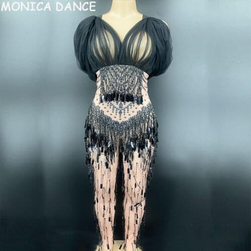 Women Sexy Mesh Tassel Sequin Bodysuit Nightclub Prom Celebration DJ Singer Stage Jumpsuit Dancer Stretch Nude Rompers Jumpsuit