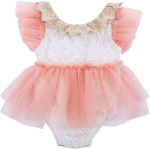 Toddler Infant Baby Girls Summer Cute Lace Stitching Round Neck Fly Ruffles Sleeve Rompers Mesh Playsuits 0 To 24 Months