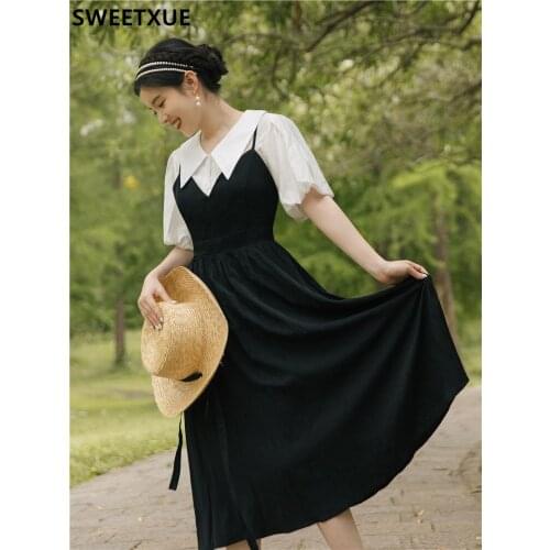 SWEETXUE Suit Summer 2021 New French Retro Gentle Sweet Cute Puff Sleeve Top + Suspender Skirt Two-Piece Sets Womens Outfits