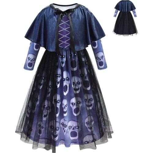 Halloween Horror Costume Cosplay For Kid Girl Long-sleeve Dress Skull Printed New Dress+Shawl Children Clothes 5-14Y C40567CH