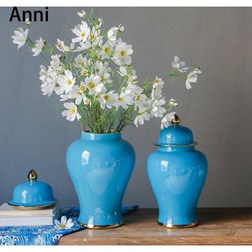 Creative Golden Stroke Ceramic Vase European Modern Overglaze Blue Flowers Vases Office Desktop Flower Pots Decorative Ornaments