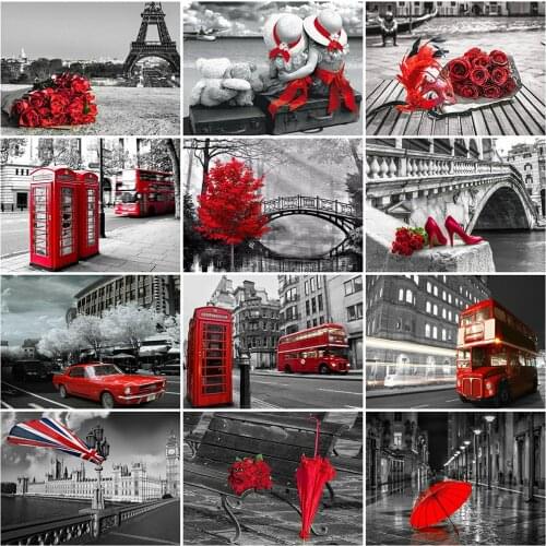 MomoArt Diamond Mosaic Black Red Full Drill Square Diamond Embroidery Street Needlework Mosaic Landscape 5D DIY Art Wall Decor