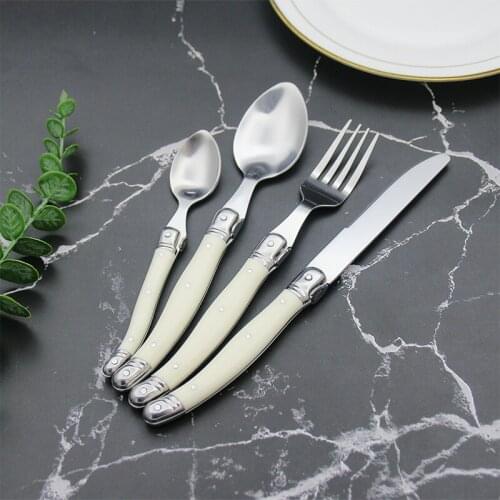 4pcs/set Steak Knives Forks Spoons With White Plastic Handle Laguiole Style Flatware Stainless Steel Cutlery Sets Dinner Knife