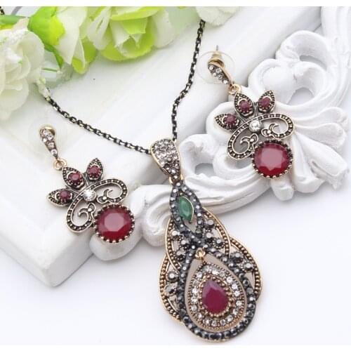 New Style Turkish Jewelry Sets Flower Resin Earrings Pendant Necklace Women Color Rhinestone Ethnic Jewelry Indian Ladies Bijoux