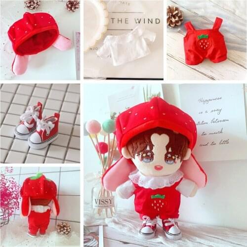 20cm Baby Doll Outfit Plush Dolls Clothes Red Strawberry Overalls Stuffed Toy Dolls Accessories for Korea Kpop EXO Idol Doll
