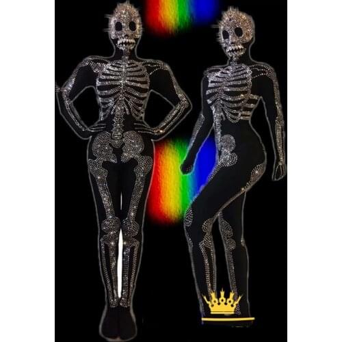 New Nightclub Party Halloween DJ Stage Costumes Gogo Dancer Shiny Rhinestone Skull Bodysuit Female Festival Rave Outfits DWY4687