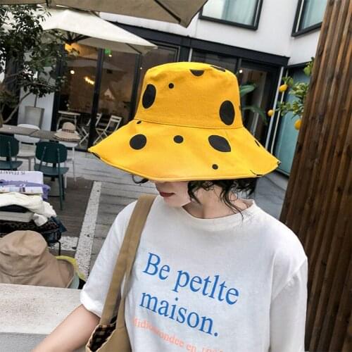 Women Foldable Bucket Hat Sun Hat Summer Large Brim Dot Printed Beach Sun Hat