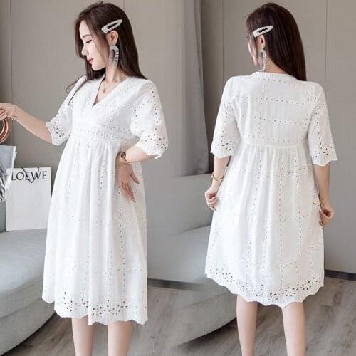 Mew Plus Size Maternity Clothing Summer Korean Hollow Breastfeeding Maternity Dress White Lace V-neck Casual Maternity Dress
