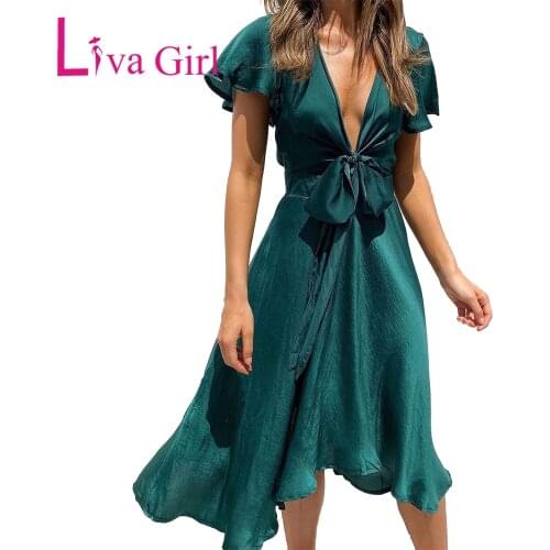 LIVA GIRL Green/Blue Deep V Neck Flutter Sleeve High Waist Flare Midi Dress Woman Satin Slim Solid Gown Female Elegant Dress XXL
