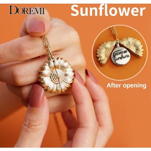 Sunflower Pendant Necklace Engrave Name Date Stainless Steel Custom Jewelry Gift You Are My Sunshine Open Locket Sunflower DIY