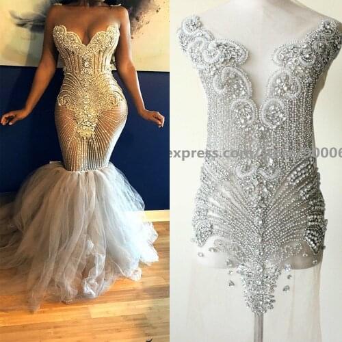Stunning Rhinestone Bodice Beaded Feather Applique Trim Off- shoulder beaded Patch for Ballgown Party Dress
