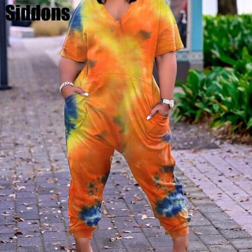 Casual Tie Dye Print V-neck Pocket Design Women Jumpsuit Summer Short Sleeve Wide Loose Jumpsuit