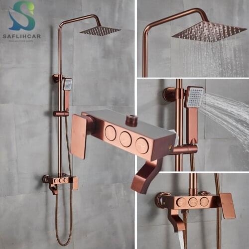 Space Aluminum Rose Gold Bathroom Shower Faucet 8'' Rainfall Shower Head Faucet 3 ways Function Hot and Cold Water Mixer Taps
