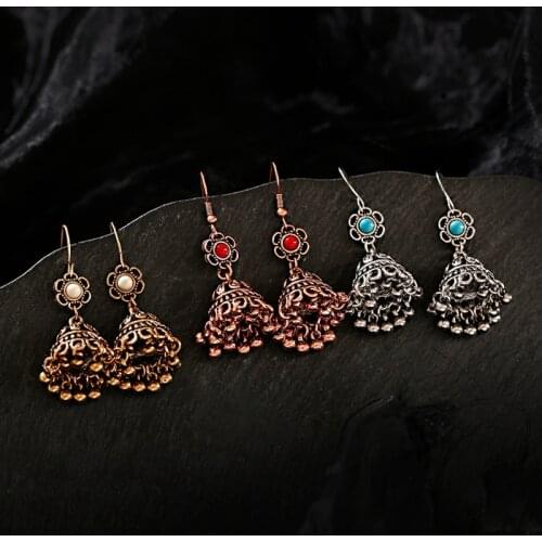 Classical Retro Tassel Indian Jhumka Earrings Ethnic Flower Gold Silver Color Earrings For Women Oorbellen Hangers