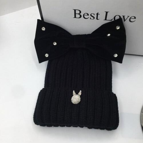 Large stereoscopic bowknot rhine stone shullies beanies for women knitting hat female warm sweet lovely