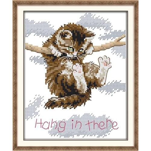 Stamped Cross Stitch Kits With Printed Pattern - Cat Hang in There, for Embroidery Art Cross-Stitching Lover