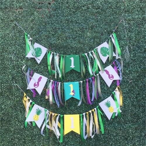 ONE Year 1st Birthday Party Decorations Baby Birthday Pink Green Mermaid Pineapple Flamingo Banner Boy Girls Bunting Supplies