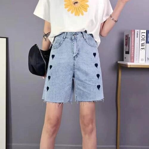 Oversized Denim Knee Length Pants Casual Loose Vintage Love Heart Jeans Shorts Women High Waist Harajuk Plus Size Woman Shorts