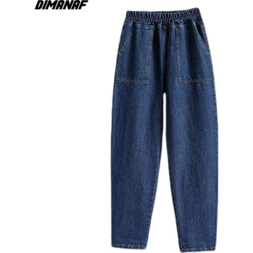 DIMANAF Plus Size Women Jeans Pants High Waist Loose Denim Female Elastic Waist 2021 Spring Basic Pockets Blue Trousers S-5XL