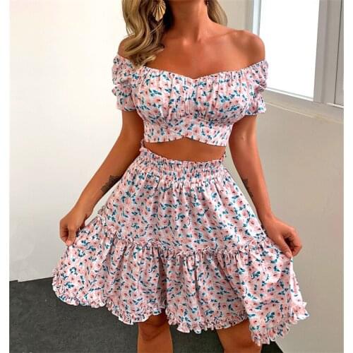 Hirigin 2 Pieces Set Women 2021 Bohemian Floral Skirts Off Shoulder Short Sleeve T-shirts Crop Tops A-line Skirts 2Pcs Female