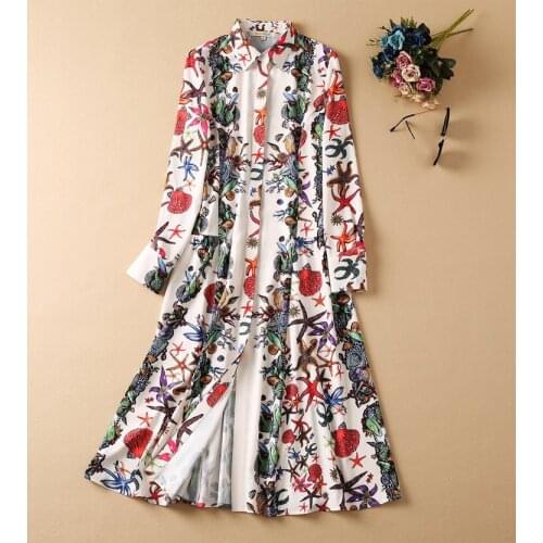 2021 Autumn Fashion Long Shirt Dress High Quality Women Turn-down Collar Seashell Prints Long Sleeve Casual Dress Vestidos Robe