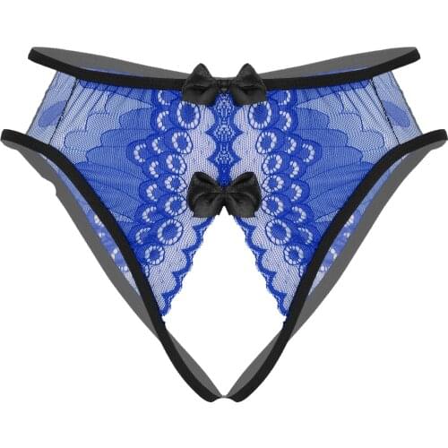Womens Erotic Lingerie See Through Floral Lace Briefs Bowknot Decor Underwear Hollow Out Crotchless Underpants Open Butt Thongs