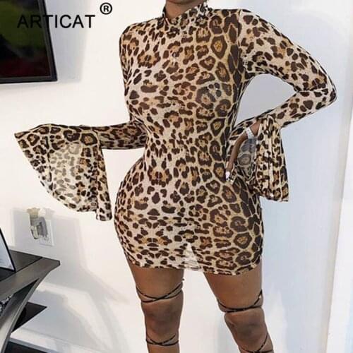 Articat Leopard Long Flare Sleeve Bodycon Dress Women O Neck Sexy Skinny Short Dresses Slim Autumn Club Party Vestidos Female