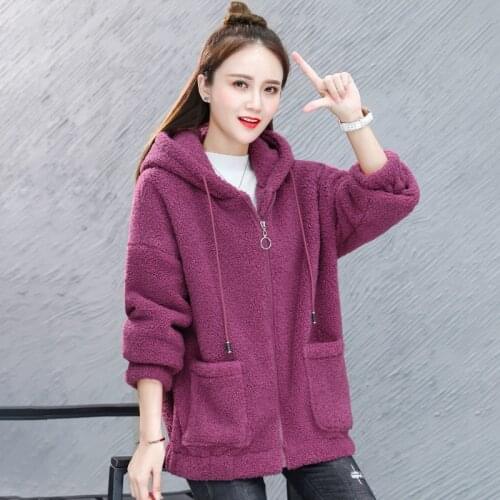 Women Winter Plush Thick Warm Faux Lamb Wool Coat Female Loose Plus Size Hooded Outwear Lady Zipper Pocket Cardigan Hoodie Tops