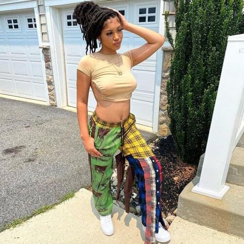 Plaid Color Block Patchwork Jogger Pant Women High Waist Drawstring Straight Long Trouser Streetwear Side High Split Sweatpant