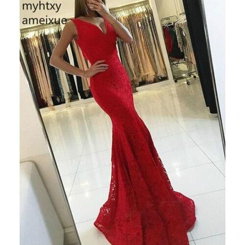Hot Cheap Custom Lace Mermaid Sexy Evening Dresses 2020 Red A Line V Neck Formal Holiday Wear Celebrity Party Gowns Event Dress