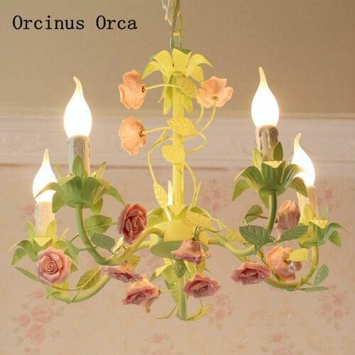 Korean romantic rose chandelier Girl Bedroom childrens room Princess room lamp American garden led green flower Chandelier