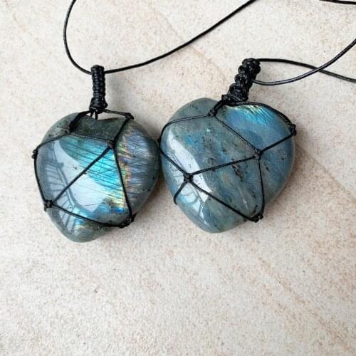 Labradorite Moonstone Necklace Wrap Braid Natural Crystal Pendant Energy Necklace Retro Blue Light Hand Woven For Men Women