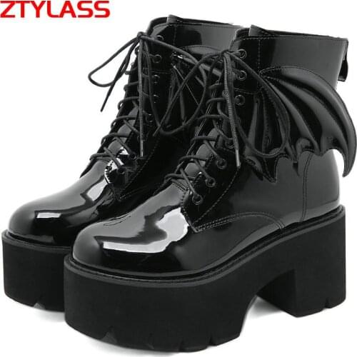 Fashion Angel Wings Women Boots Patent Leather Platform Chuky High Heels Boots Spring Autumn Zipper Sexy Ladies Shoes