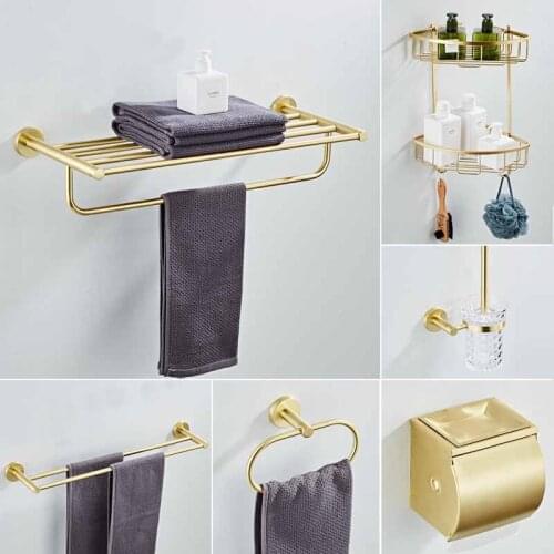 Bathroom Hardware Set Towel Rack Paper Holder Towel Bar Corner Shelf Toilet Brush holder Brushed Golden Bathroom Accessories Set