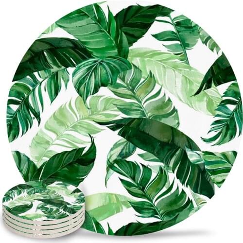 Green Leaf Watercolor Pattern Round Coaster Set Non-slip Heat Proof Ceramic Coffee Drink Coasters Table Decoration Placemats