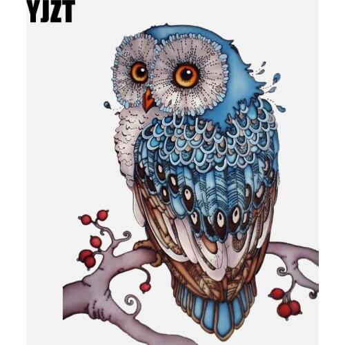 YJZT 12.4CM*15.6CM Interestingly Hand-painted Blue Owl PVC Car Sticker 11-01326