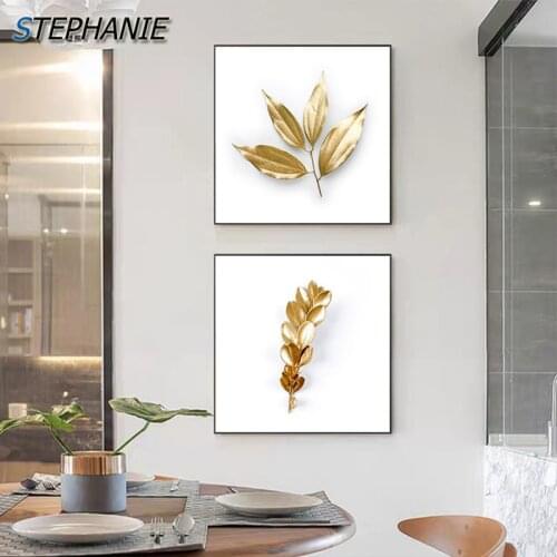 Wall Art Poster Print Abstract Golden Leaf Canvas Painting Pictures Decorative for Living Room Fashion Home Decoration Art Set