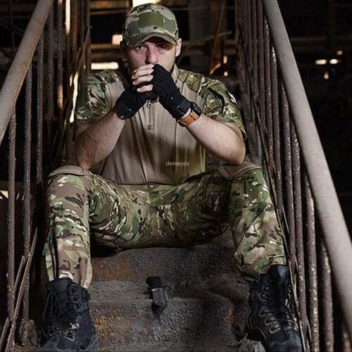 Airsoft Paintball Short Sleeve Hunting Clothing Tactical Shirt + Pants with Knee Pads Military Camouflage Uniform Mens