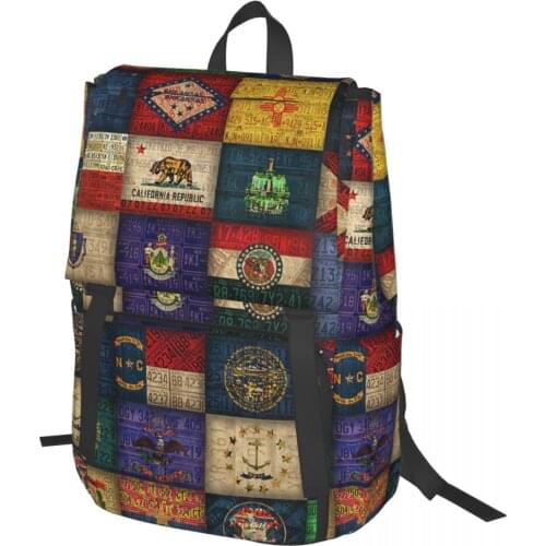 USA State Flags Recycled Vintage License Plate Art Backpack for Girls Boys Travel RucksackBackpacks for Teenage school bag