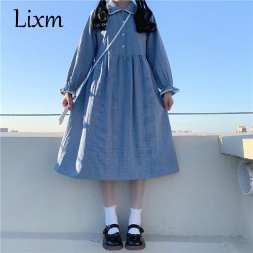 Japanese Style Sweet Blue dress women summer Long Sleeve ins doll collar Kawaii Lolita Dress Mori Girl Cute Spring Autumn