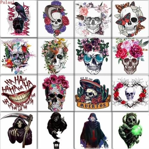 Pulaqi Skull Flower Iron On Patches For Clothing Summer Fabric Badges Stickers Clothes Decoration Heat Transfer Patches Washable