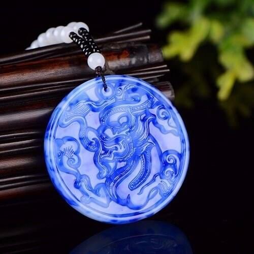 Carved Blue White Jade Dragon Pendant Chinese Green Beads Necklace Charm Jadeite Jewellery Fashion Lucky Man Woman Amulet Gifts