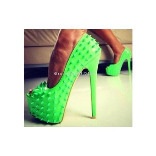 New Fluorescent Green Rivets Platform Shoes Women Sexy Peep Toe Stiletto Heel Pumps Single Shoes Lady Studded Nightclub Shoes