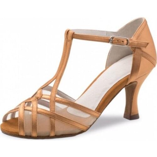 Evkoodance Professionally Salsa Jazz Ballroom Latin Dance Shoes For Dancing Women Brown Satin High Heel WomemParty T-Bar Shoes