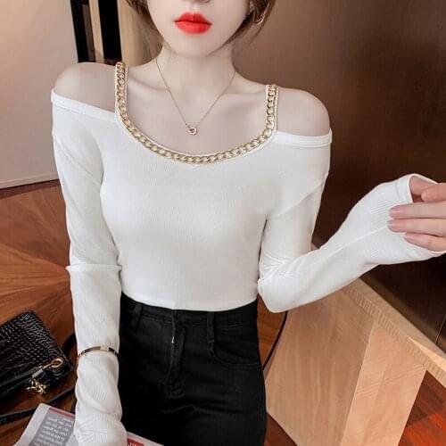 Spring Top Sexy Off Shoulder T Shirt Women 2021 Chain T-Shirt Korean Woman Clothes Slim Tshirt Female Long Sleeve Autumn Tops