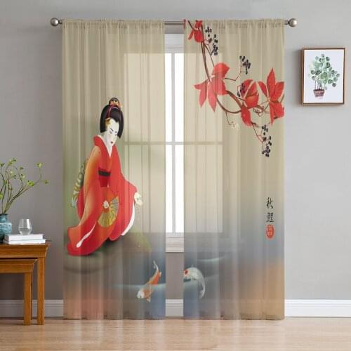 Japanese Geisha Carp Maple Leaf Tulle Sheer Window Curtains for Living Room Kitchen Children Bedroom Voile Hanging Curtain