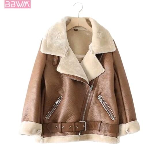 Faux Leather Lapel with Belt Thick Warm Womens Jacket Coat Vintage Fur Beige Oversized Zipper Tops Chic Female
