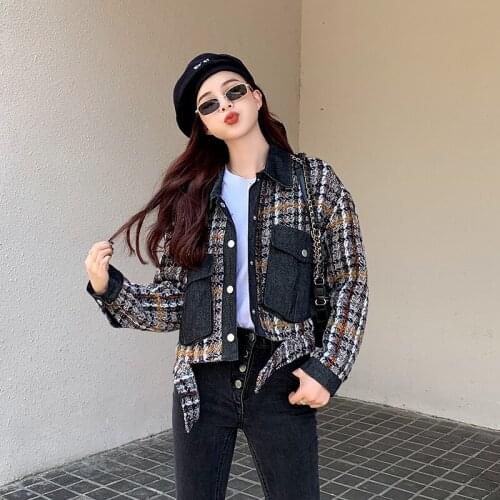 Korean Autumn Runway Women Denim Patchwork Tweed Jackets Large Size Loose Plaid Coats Long Sleeve Short Jackets Outerwear Coats