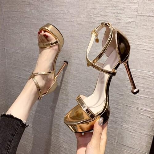 Womens Sandals TWaterproof Platform High Heels hick-Soled Silver Cross Strap New Sexy Stiletto Heel 12cm High Heel