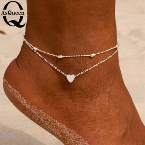 Women Anklets Heart Barefoot Crochet Sandals Foot Jewelry Two Layer Foot Legs Bracelet Anklets